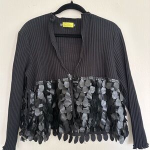 Giselle Shepatin Black Leather and Knit Textured Cardigan